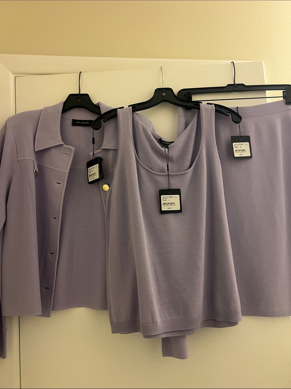 St. John Lavender Three-Piece Knit Set — Jacket, Tank & Skirt